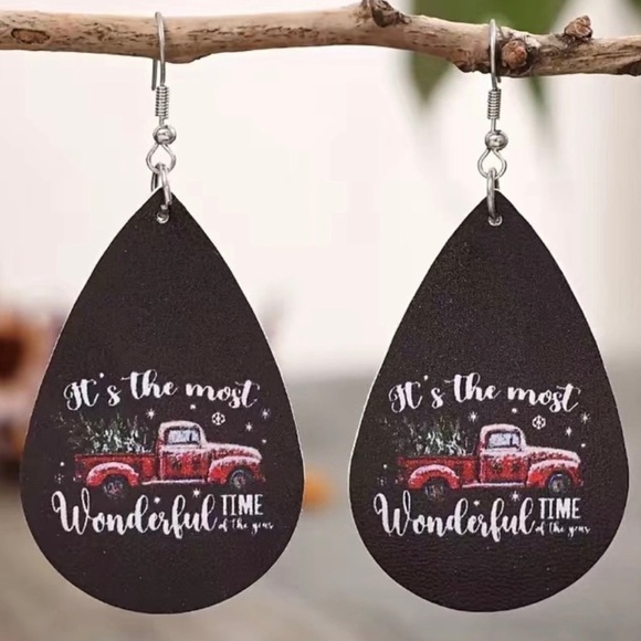 Holiday Red Truck It's the Most Wonderful Time of the Year Teardrop Earrings - Picture 2 of 8